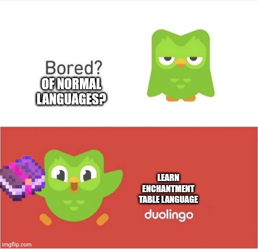 DUOLINGO BORED | OF NORMAL LANGUAGES? LEARN ENCHANTMENT TABLE LANGUAGE | image tagged in duolingo bored | made w/ Imgflip meme maker