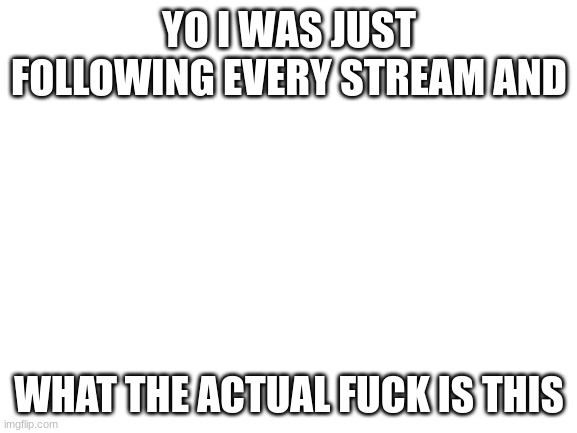 (Mod Note: It's a gore stream what else could it be?) | YO I WAS JUST FOLLOWING EVERY STREAM AND; WHAT THE ACTUAL FUCK IS THIS | image tagged in blank white template | made w/ Imgflip meme maker