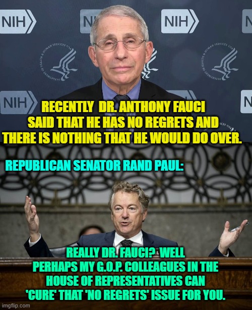 Meh . . . I'll believe it when I see it. | RECENTLY  DR. ANTHONY FAUCI SAID THAT HE HAS NO REGRETS AND THERE IS NOTHING THAT HE WOULD DO OVER. REPUBLICAN SENATOR RAND PAUL:; REALLY DR. FAUCI?  WELL PERHAPS MY G.O.P. COLLEAGUES IN THE HOUSE OF REPRESENTATIVES CAN 'CURE' THAT 'NO REGRETS' ISSUE FOR YOU. | image tagged in maybe | made w/ Imgflip meme maker