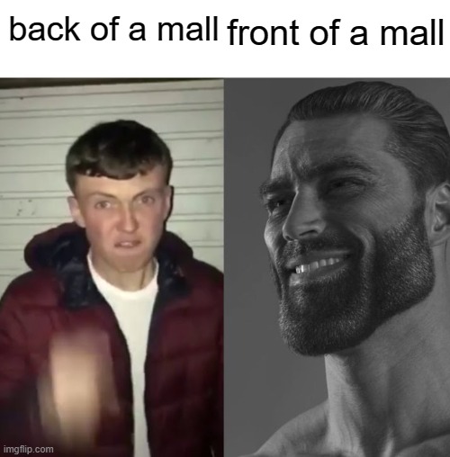 bildings | front of a mall; back of a mall | image tagged in average fan vs average enjoyer | made w/ Imgflip meme maker