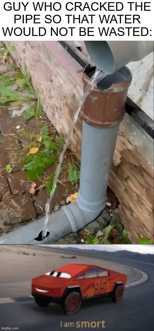 Using 150% of his brain cells | GUY WHO CRACKED THE
PIPE SO THAT WATER
WOULD NOT BE WASTED: | image tagged in i am smort,pipe,water,funny,memes,smort | made w/ Imgflip meme maker