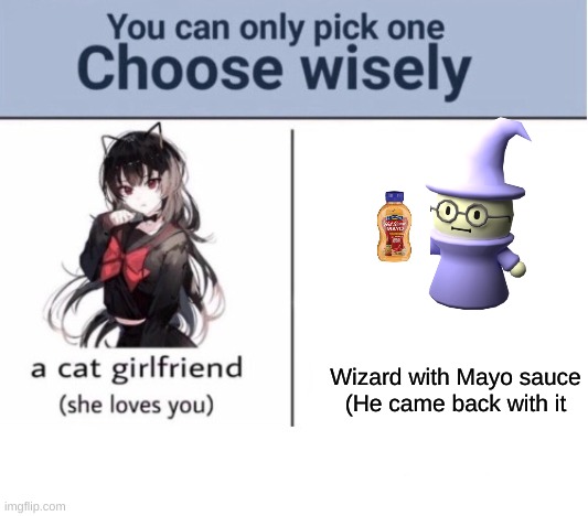 Choose wizard with mayo sauce | Wizard with Mayo sauce
(He came back with it | image tagged in choose wisely | made w/ Imgflip meme maker