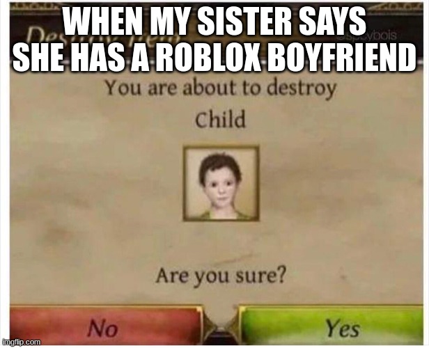 You are about to destroy Child | WHEN MY SISTER SAYS SHE HAS A ROBLOX BOYFRIEND | image tagged in you are about to destroy child | made w/ Imgflip meme maker