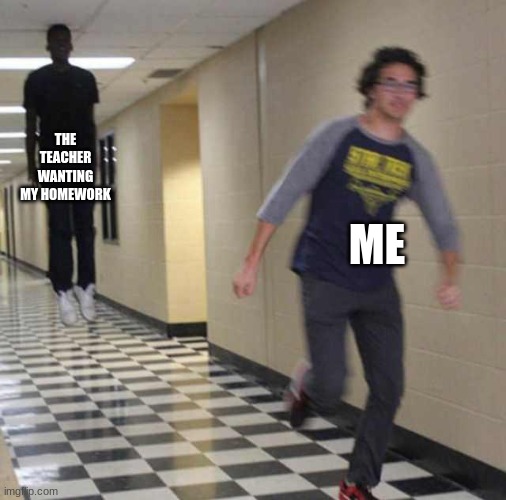 floating boy chasing running boy | THE TEACHER WANTING MY HOMEWORK; ME | image tagged in floating boy chasing running boy | made w/ Imgflip meme maker