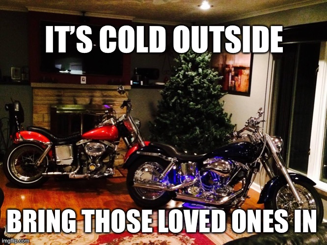 Harley life | IT’S COLD OUTSIDE; BRING THOSE LOVED ONES IN | image tagged in bikers,harley davidson,motorcycle | made w/ Imgflip meme maker
