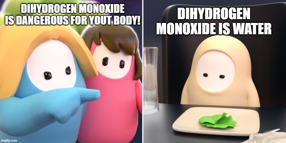 Fall guys meme | DIHYDROGEN MONOXIDE IS WATER; DIHYDROGEN MONOXIDE IS DANGEROUS FOR YOUT BODY! | image tagged in fall guys meme | made w/ Imgflip meme maker
