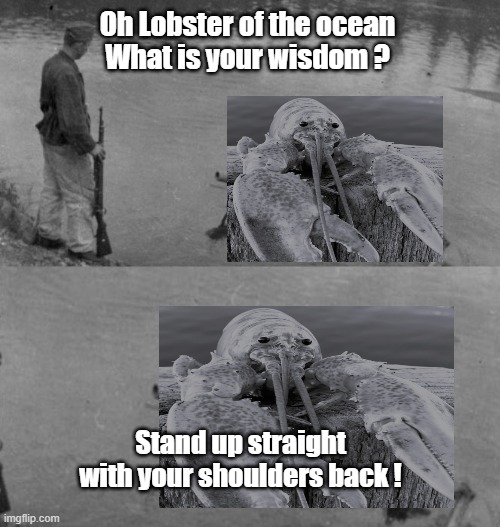 Motivational lobster |  Oh Lobster of the ocean
What is your wisdom ? Stand up straight with your shoulders back ! | image tagged in panzer of the lake | made w/ Imgflip meme maker