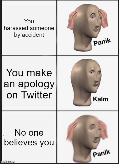 Me in December in a nutshell | You harassed someone by accident; You make an apology on Twitter; No one believes you | image tagged in memes,panik kalm panik | made w/ Imgflip meme maker
