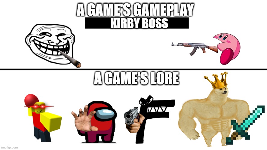 gameplay vs lore (be like meme) | A GAME'S GAMEPLAY; KIRBY BOSS; A GAME'S LORE | image tagged in gameplay vs lore,lore,gaming | made w/ Imgflip meme maker