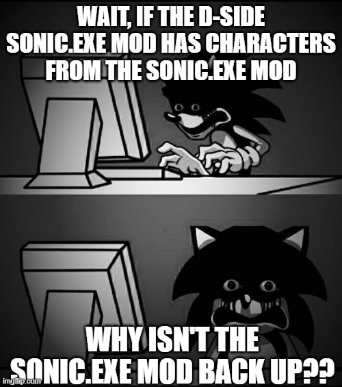 Bamboozling alright | WAIT, IF THE D-SIDE SONIC.EXE MOD HAS CHARACTERS FROM THE SONIC.EXE MOD; WHY ISN'T THE SONIC.EXE MOD BACK UP?? | image tagged in sonic computer | made w/ Imgflip meme maker