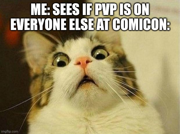 Scared Cat | ME: SEES IF PVP IS ON
EVERYONE ELSE AT COMICON: | image tagged in memes,scared cat | made w/ Imgflip meme maker