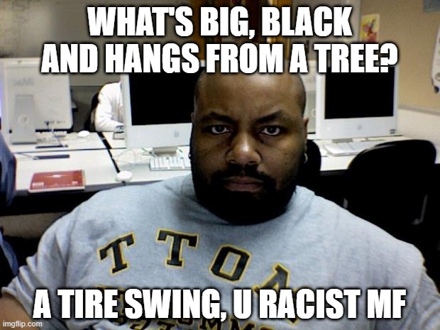 Swinging | WHAT'S BIG, BLACK AND HANGS FROM A TREE? A TIRE SWING, U RACIST MF | image tagged in angry blackman | made w/ Imgflip meme maker