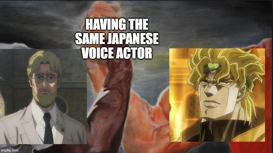 Black White Arms | HAVING THE SAME JAPANESE VOICE ACTOR | image tagged in black white arms | made w/ Imgflip meme maker