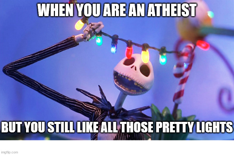 So pretty | WHEN YOU ARE AN ATHEIST; BUT YOU STILL LIKE ALL THOSE PRETTY LIGHTS | image tagged in nightmare before christmas,dank,christian,memes,r/dankchristianmemes | made w/ Imgflip meme maker