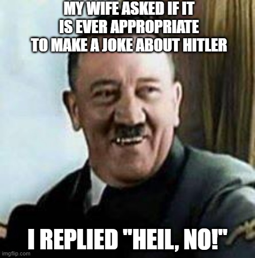 Hitler | MY WIFE ASKED IF IT IS EVER APPROPRIATE TO MAKE A JOKE ABOUT HITLER; I REPLIED "HEIL, NO!" | image tagged in laughing hitler | made w/ Imgflip meme maker