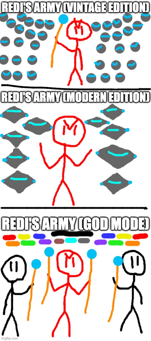 Redi's army evolution | REDI'S ARMY (VINTAGE EDITION); REDI'S ARMY (MODERN EDITION); REDI'S ARMY (GOD MODE) | image tagged in blank white template | made w/ Imgflip meme maker