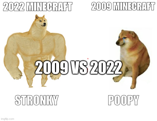 2022 vs 2009 | 2022 MINECRAFT; 2009 MINECRAFT; 2009 VS 2022; STRONKY; POOPY | image tagged in memes,buff doge vs cheems | made w/ Imgflip meme maker