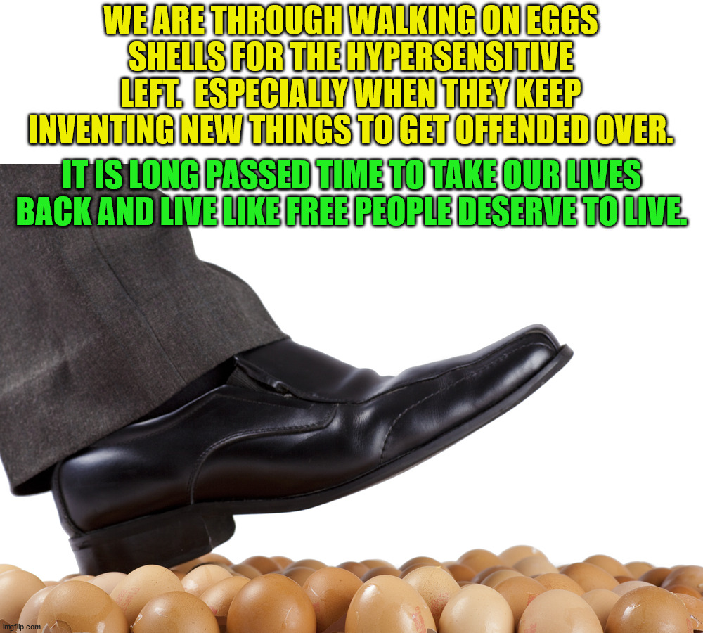 The 99.9% are being held hostage by the 0.01% hypersensitive.  Ignore them. | WE ARE THROUGH WALKING ON EGGS SHELLS FOR THE HYPERSENSITIVE LEFT.  ESPECIALLY WHEN THEY KEEP INVENTING NEW THINGS TO GET OFFENDED OVER. IT IS LONG PASSED TIME TO TAKE OUR LIVES BACK AND LIVE LIKE FREE PEOPLE DESERVE TO LIVE. | image tagged in both the right and left are held hostage,the left doesnt know that,the right does | made w/ Imgflip meme maker