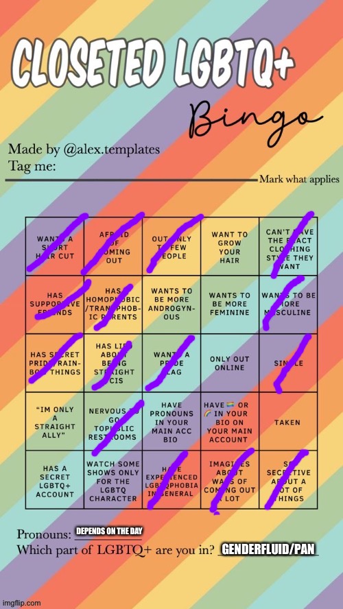 Closeted LGBTQ+ Bingo | DEPENDS ON THE DAY; GENDERFLUID/PAN | image tagged in closeted lgbtq bingo | made w/ Imgflip meme maker