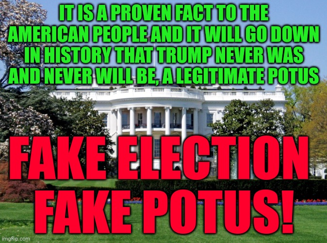 White House | IT IS A PROVEN FACT TO THE AMERICAN PEOPLE AND IT WILL GO DOWN IN HISTORY THAT TRUMP NEVER WAS AND NEVER WILL BE, A LEGITIMATE POTUS; FAKE ELECTION 
FAKE POTUS! | image tagged in white house | made w/ Imgflip meme maker