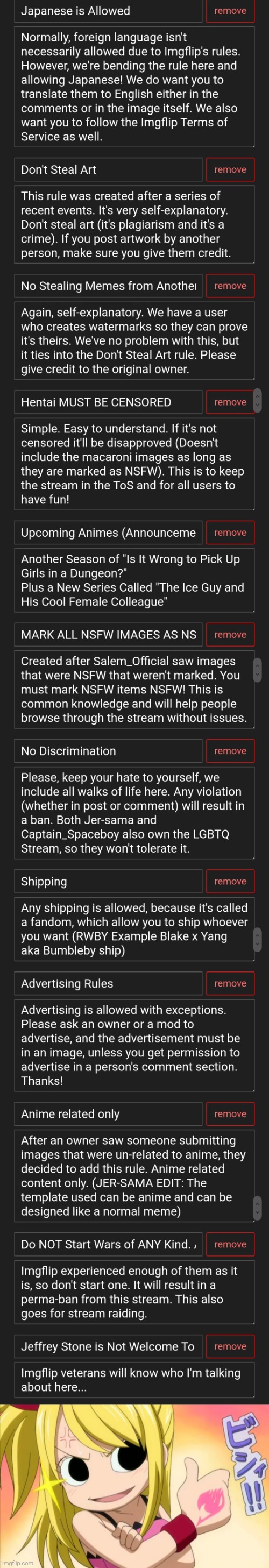 Current Rules of the Anime Stream | image tagged in thumbs up lucy,rules | made w/ Imgflip meme maker