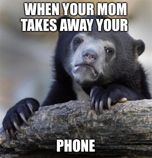 Confession Bear Meme | WHEN YOUR MOM TAKES AWAY YOUR; PHONE | image tagged in memes,confession bear | made w/ Imgflip meme maker