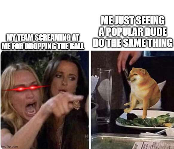 Angry Woman and Cat | ME JUST SEEING A POPULAR DUDE DO THE SAME THING; MY TEAM SCREAMING AT ME FOR DROPPING THE BALL | image tagged in angry woman and cat | made w/ Imgflip meme maker