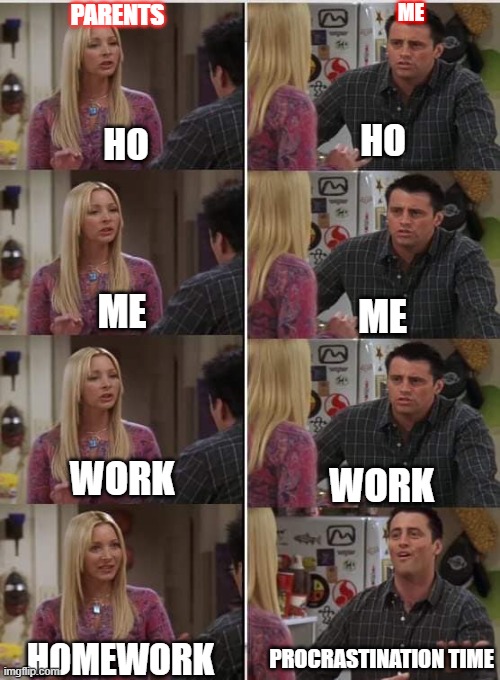 Phoebe Joey | ME; PARENTS; HO; HO; ME; ME; WORK; WORK; HOMEWORK; PROCRASTINATION TIME | image tagged in phoebe joey | made w/ Imgflip meme maker