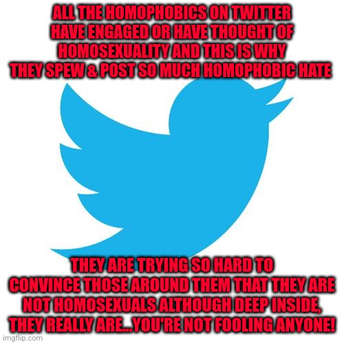 Twitter birds says | ALL THE HOMOPHOBICS ON TWITTER HAVE ENGAGED OR HAVE THOUGHT OF HOMOSEXUALITY AND THIS IS WHY THEY SPEW & POST SO MUCH HOMOPHOBIC HATE; THEY ARE TRYING SO HARD TO CONVINCE THOSE AROUND THEM THAT THEY ARE NOT HOMOSEXUALS ALTHOUGH DEEP INSIDE, THEY REALLY ARE...YOU'RE NOT FOOLING ANYONE! | image tagged in twitter birds says | made w/ Imgflip meme maker