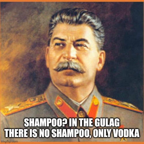 Stalin meme | SHAMPOO? IN THE GULAG THERE IS NO SHAMPOO, ONLY VODKA | image tagged in stalin meme | made w/ Imgflip meme maker