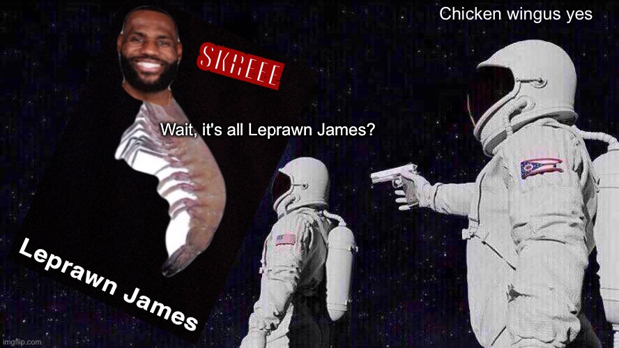 Always Has Been Meme | Chicken wingus yes; SKREEE; Wait, it's all Leprawn James? | image tagged in memes,always has been,lebron james,basketball,shitpost | made w/ Imgflip meme maker