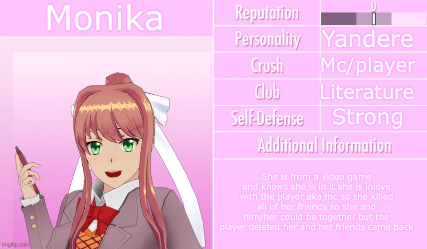 Yandere Simulator Student Info 2 | Monika; Yandere; Mc/player; Literature; Strong; She is from a video game and knows she is in it she is inlove with the player aka mc so she killed all of her friends so she and him/her could be together but the player deleted her and her friends came back | image tagged in yandere simulator student info 2 | made w/ Imgflip meme maker