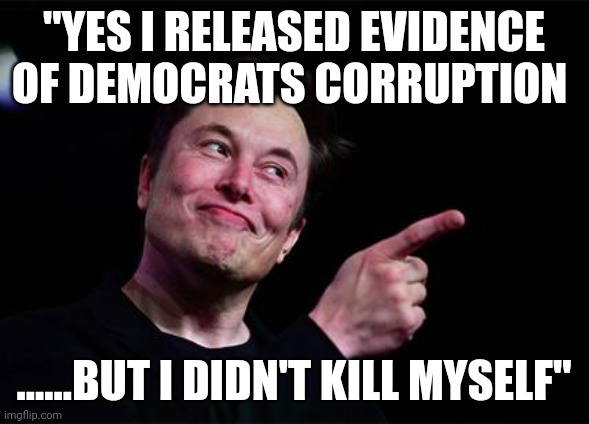 Nice to have known you..... | "YES I RELEASED EVIDENCE OF DEMOCRATS CORRUPTION; ......BUT I DIDN'T KILL MYSELF" | image tagged in elon musk | made w/ Imgflip meme maker