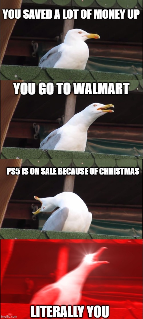 When you are buying something new and it on sale | YOU SAVED A LOT OF MONEY UP; YOU GO TO WALMART; PS5 IS ON SALE BECAUSE OF CHRISTMAS; LITERALLY YOU | image tagged in memes,inhaling seagull | made w/ Imgflip meme maker