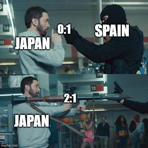 Yeah I know I'm late with this meme |  SPAIN; 0:1; JAPAN; 2:1; JAPAN | image tagged in godzilla eminem,world cup | made w/ Imgflip meme maker