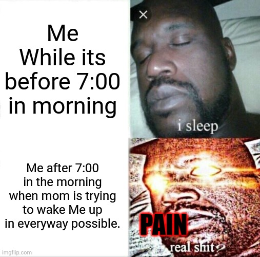 Me in the morning | Me While its before 7:00 in morning; Me after 7:00 in the morning when mom is trying to wake Me up in everyway possible. PAIN | image tagged in memes,sleeping shaq | made w/ Imgflip meme maker