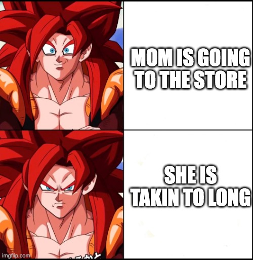 Angry Gogeta | MOM IS GOING TO THE STORE; SHE IS TAKIN TO LONG | image tagged in angry gogeta | made w/ Imgflip meme maker