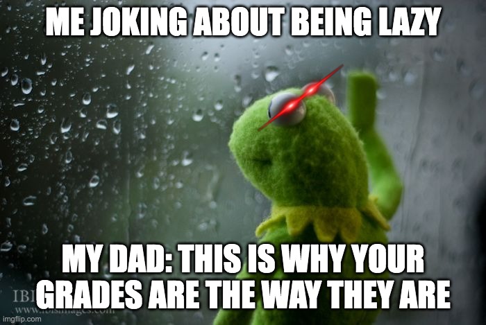 kermit window | ME JOKING ABOUT BEING LAZY; MY DAD: THIS IS WHY YOUR GRADES ARE THE WAY THEY ARE | image tagged in kermit window | made w/ Imgflip meme maker