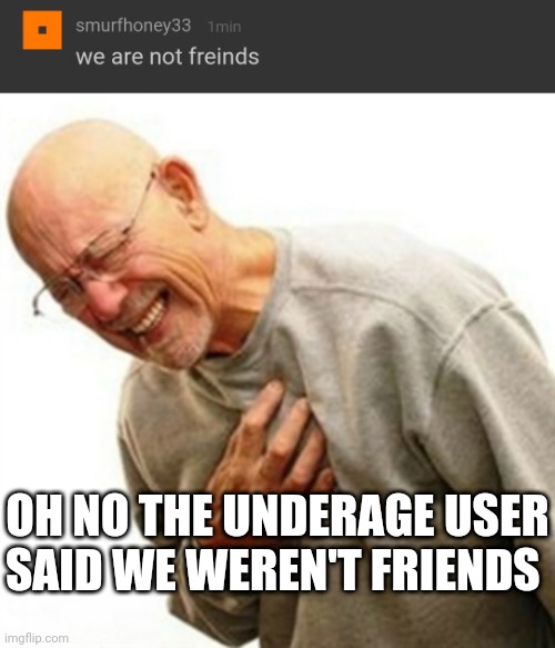 Sarcasm | OH NO THE UNDERAGE USER SAID WE WEREN'T FRIENDS | image tagged in memes,right in the childhood | made w/ Imgflip meme maker