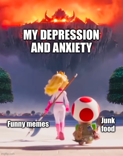 Badass Peach | MY DEPRESSION AND ANXIETY; Funny memes; Junk food | image tagged in badass peach | made w/ Imgflip meme maker