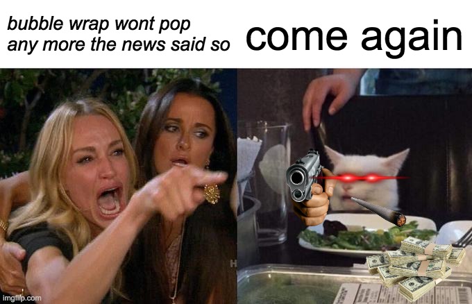 Woman Yelling At Cat | bubble wrap wont pop any more the news said so; come again | image tagged in memes,woman yelling at cat | made w/ Imgflip meme maker