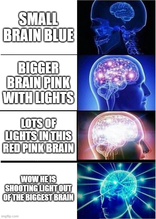 I love giving brain | SMALL BRAIN BLUE; BIGGER BRAIN PINK WITH LIGHTS; LOTS OF LIGHTS IN THIS RED PINK BRAIN; WOW HE IS SHOOTING LIGHT OUT OF THE BIGGEST BRAIN | image tagged in memes,expanding brain | made w/ Imgflip meme maker