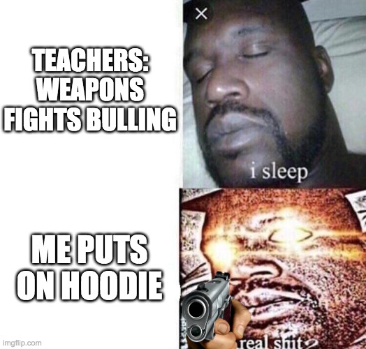 i sleep real shit | TEACHERS: WEAPONS FIGHTS BULLING; ME PUTS ON HOODIE | image tagged in i sleep real shit | made w/ Imgflip meme maker