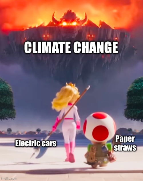 Badass Peach | CLIMATE CHANGE; Electric cars; Paper straws | image tagged in badass peach | made w/ Imgflip meme maker