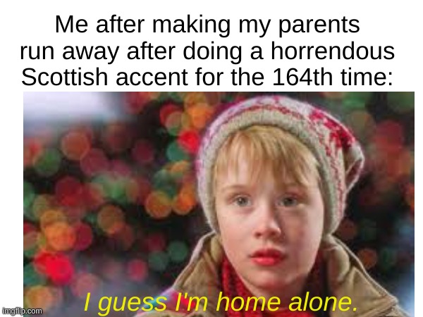  Me after making my parents run away after doing a horrendous Scottish accent for the 164th time:; I guess I'm home alone. | image tagged in home alone,scottish,accent | made w/ Imgflip meme maker
