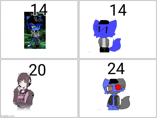 Ages | 14; 14; 24; 20 | image tagged in memes,blank comic panel 2x2 | made w/ Imgflip meme maker