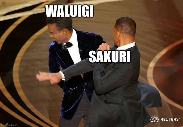 Waluigi ain't getting in smash | WALUIGI; SAKURI | image tagged in will smith punching chris rock | made w/ Imgflip meme maker