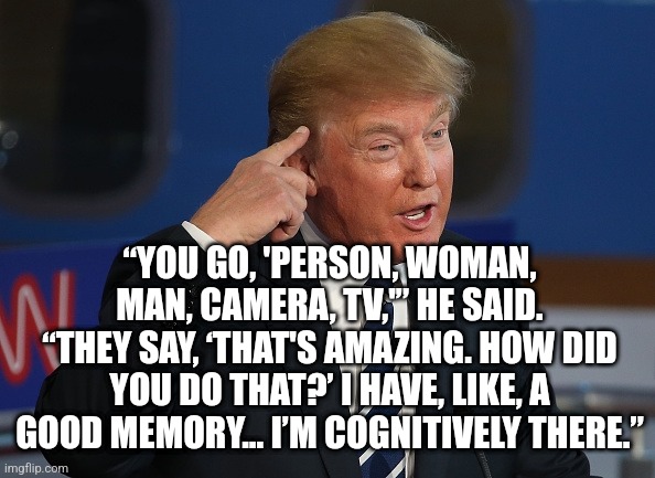 cognitively there | “YOU GO, 'PERSON, WOMAN, MAN, CAMERA, TV,'” HE SAID. “THEY SAY, ‘THAT'S AMAZING. HOW DID YOU DO THAT?’ I HAVE, LIKE, A GOOD MEMORY... I’M COGNITIVELY THERE.” | image tagged in donald trump pointing to his head | made w/ Imgflip meme maker
