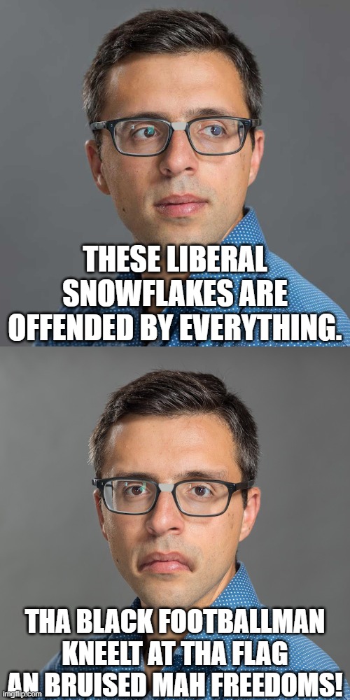 Wistful Wokescold | THESE LIBERAL SNOWFLAKES ARE OFFENDED BY EVERYTHING. THA BLACK FOOTBALLMAN KNEELT AT THA FLAG AN BRUISED MAH FREEDOMS! | image tagged in wistful wokescold | made w/ Imgflip meme maker