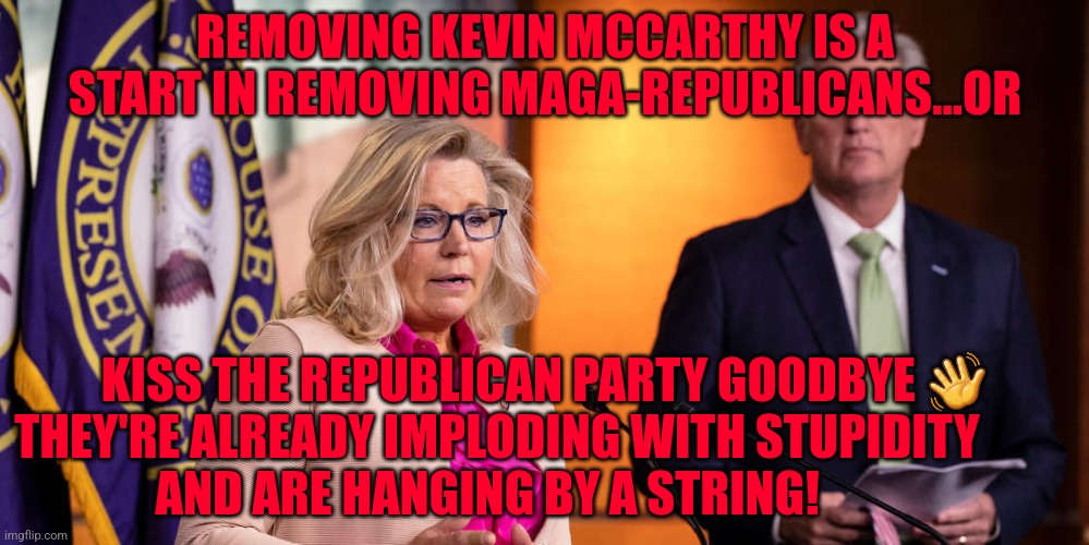 Liz Cheney Kevin McCarthy | REMOVING KEVIN MCCARTHY IS A START IN REMOVING MAGA-REPUBLICANS...OR; KISS THE REPUBLICAN PARTY GOODBYE 👋 THEY'RE ALREADY IMPLODING WITH STUPIDITY                 AND ARE HANGING BY A STRING! | image tagged in liz cheney kevin mccarthy | made w/ Imgflip meme maker